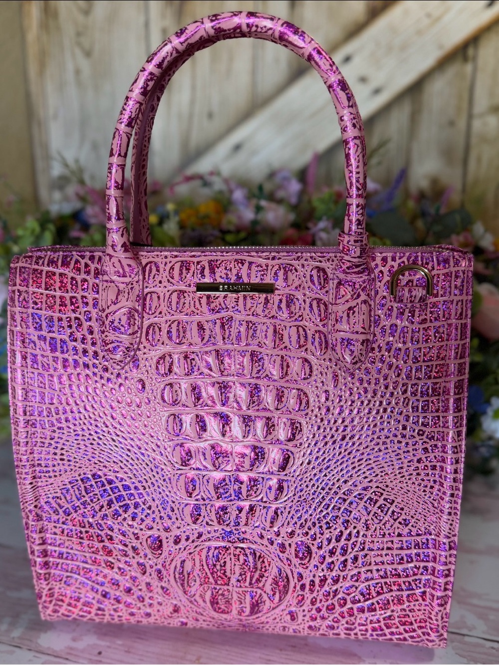 NWT Brahmin Caroline Empower Melbourne Leather Pink Purple sparkle FIRM $ 2 EYES - Picture 10 of 16